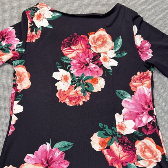 Roz & Ali Womens Black Floral Half Sleeve Dress Boat Neck Knee Length Size M - Picture 8 of 15